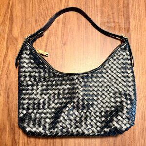 FOXER Black Woven Leather Hobo Bag with Gold Hardware